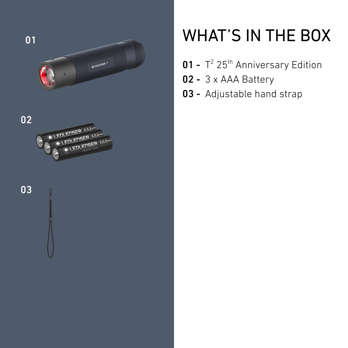 Product packaging list with flashlight, batteries, and strap on a blue and white background