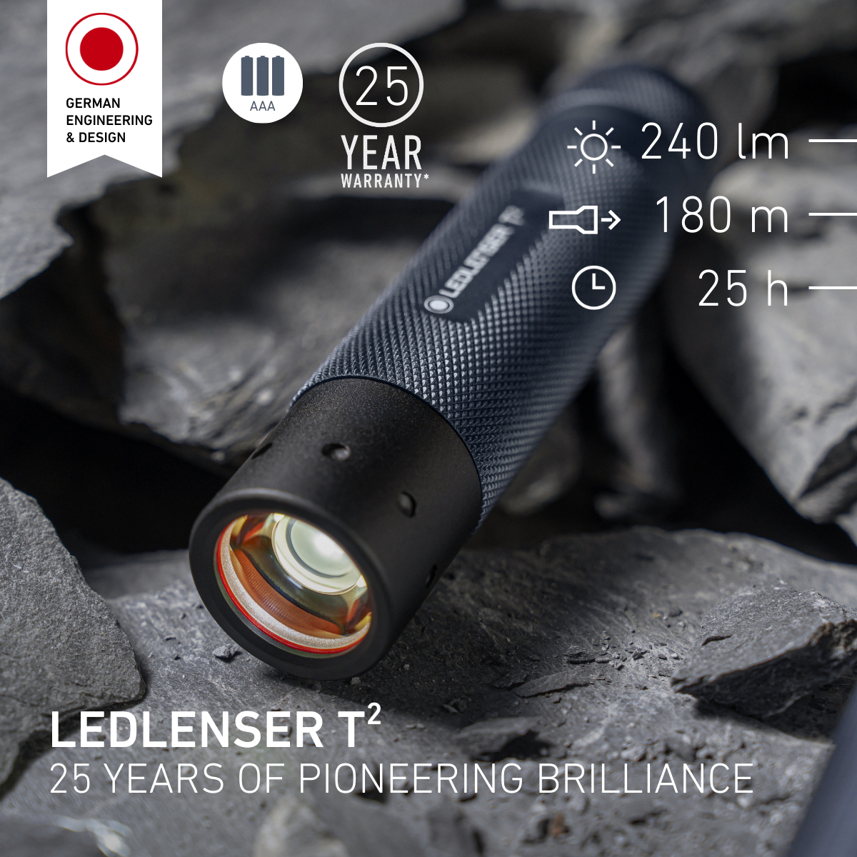 LEDLENSER T2 flashlight on a rocky surface with product details.