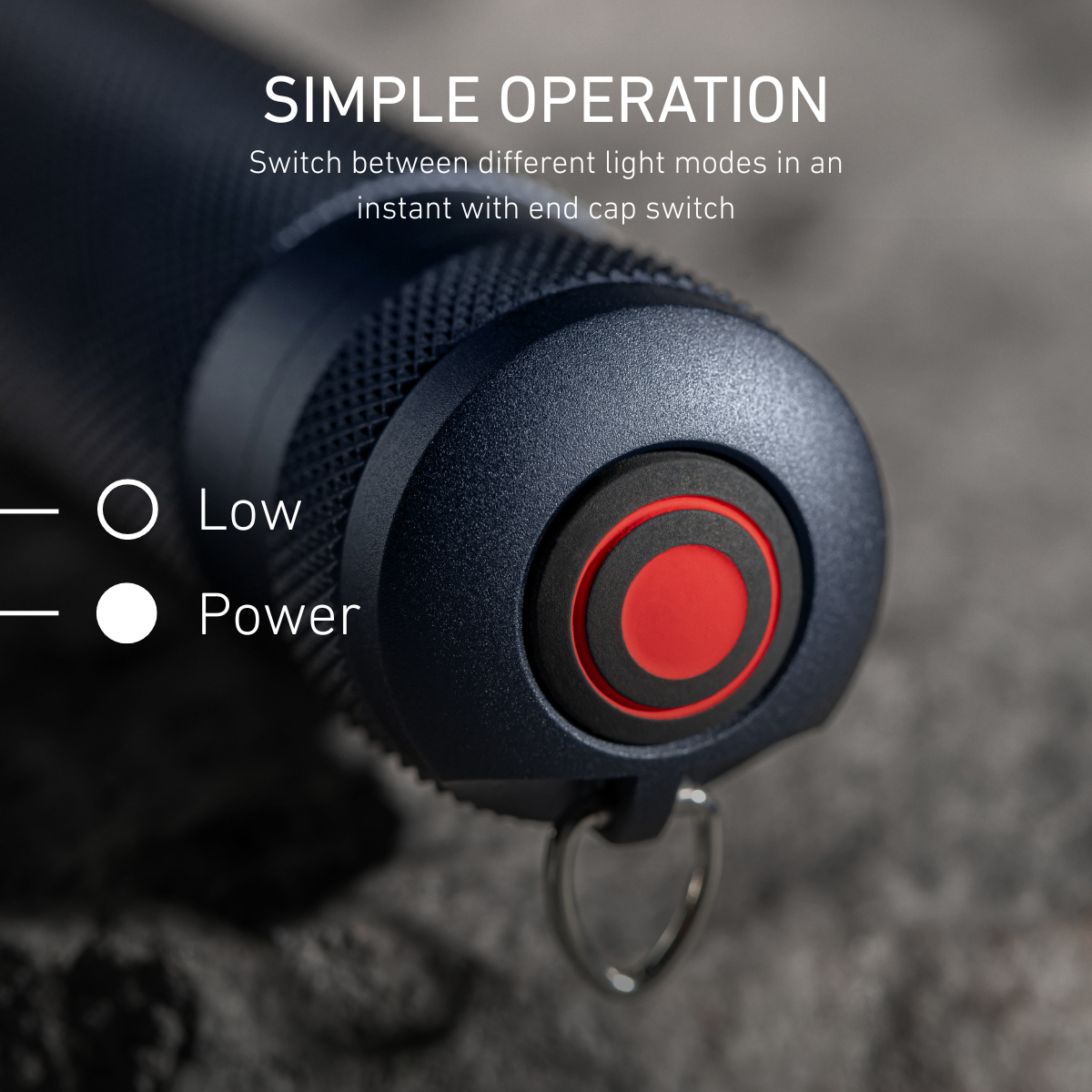 Close up of LEDLENSER T2 end cap switch with info graphics about the two light modes available: LOW and POWER