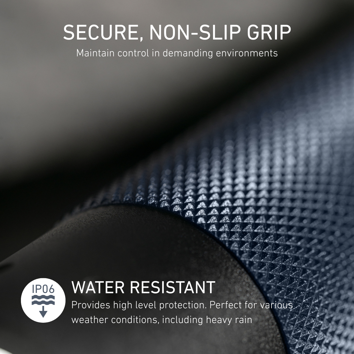 Close up of LEDLENSER T2 25th Anniversary Edition non-slip grip with information on water resistance.
