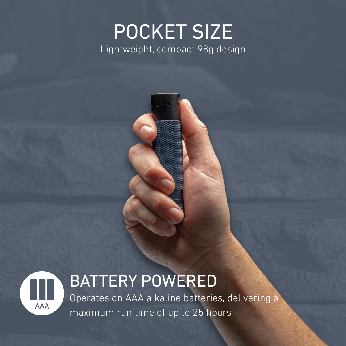 Hand holding a LEDLENSER T2 with text about its pocket size and battery life.