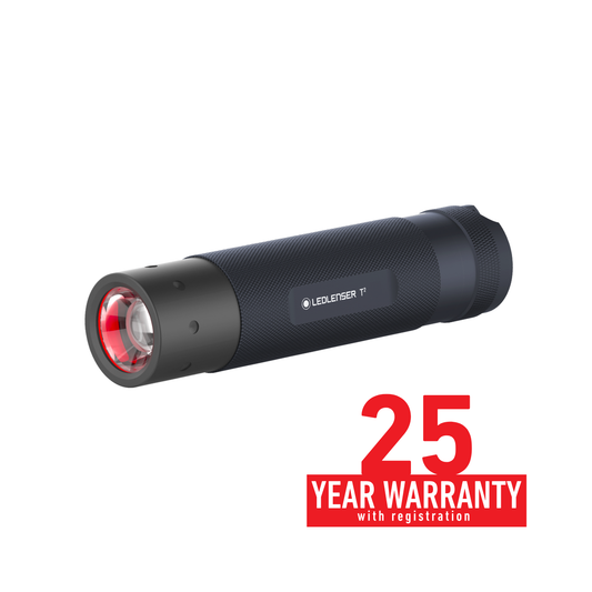 Black flashlight on a white background and a 25-year warranty badge.