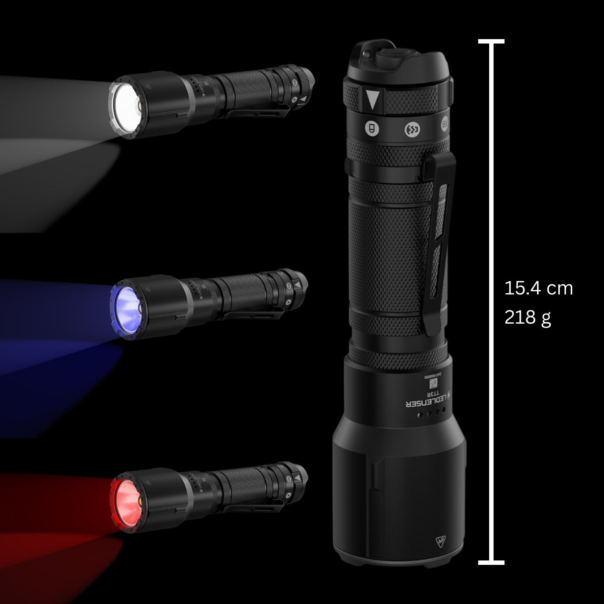 TT3R torch size with colour lens and measurement details on a black background