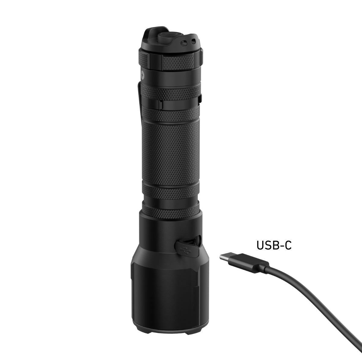 TT3R flashlight with USB-C cable on a white background