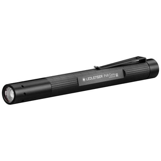A black Ledlenser P4R Core rechargeable penlight with a visible LED light at one end and branding on the side.
